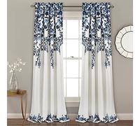 Lush Decor Tanisha Curtains - Light Filtering Window Panel Set, Pair - Floral Vine Print, Beautiful, Modern, Elegant Home Decor - 52" W x 108" L, Navy & White