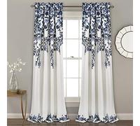 Lush Decor Tanisha Curtains - Light Filtering Window Panel Set, Pair - Floral Vine Print, Beautiful, Modern, Elegant Home Decor - 52" W x 95" L, Navy & White