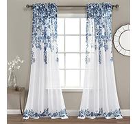Lush Decor Tanisha Curtains - Sheer Window Panel Set - Floral Vine Print, Beautiful, Modern, Elegant Home Decor - 38" W x 84" L, Navy & White