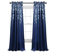 Lush Decor Weeping Flower Light Filtering Window Curtain Panels, Pair, 52" W x 84" L + 2" Header, Navy - Charming Modern Floral Curtains for Living Room, Dining Room, & Bedroom