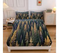 Lush Forest Print Fitted Sheet Double Bed with 2 Pillowcase, Landscape Realism Fitted Sheets Deep Pocket (30 Cm) Soft Brushed Microfiber Bedding 135x190x30cm, Green