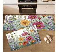 Lush Garden Kitchen Rug Set, 43x75cm+43x150cm 2 Piece Non Slip Watercolor Wildflowers Kitchen Runner Mats Thin Kitchen Floor Mat Runner Carpet for Hallway Laundry Dinning Room Decor, Sage Green