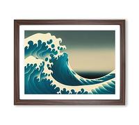 Lush Japanese Wave Framed Print | A2 Walnut Framed Wall Art | Ready to Hang | Asian Nautical Picture | Living Room Bedroom Lounge Office