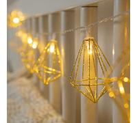 Lush Lights 10 LED Gold Diamond Fairy Light - Warm White String Light - Battery Powered Geometric Retro Fairy Light - Battery Operated Home Vintage String Light - Indoor Party Home Decor Lighting