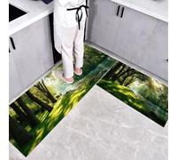 Lush Plants Kitchen Rugs Set of 2, Sunlight Filtering Through The Forest Anti Fatigue Kitchen Floor Mat for Home Decoration Office Emerald Green Non Slip Comfort Standing Mats - 43x75cm+43x150cm