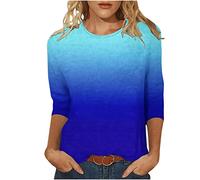 LUSHAasd 3/4 Sleeves Tops for Women UK Elegant Printed Ladies Sweatshirts Plus Size Pullover Top Loose Fit Blouses Gradiented Printed Tees Shirts Blue