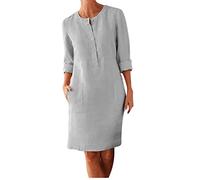 LUSHAasd Hot Deals of The Day Linen Dress for Women UK Fashion Round-Neck Long Sleeve Dress Summer Dress Knee Length with Pockets Ladies T-Shirt Dresses for Work Office Business Gray