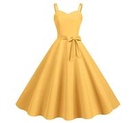 LUSHAasd Lager Offers Deal of The Day Women's Vintage Sleeveless Casual A-Line Midi Dress 1950s Retro Rockabilly 50s 60s Spaghetti Straps Pleated Swing Dresses for Cocktail Party Club Yellow