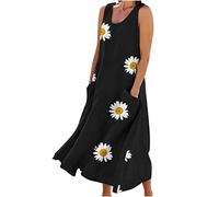LUSHAasd Linen Dresses for Women UK 2024 Comfort Sundress Casual Sleeveless Round Neck Maxi Dress with Pockets Spring Summer Cotton Linen Long Dresses Oversized Hawaiian Beach Dress Outfits