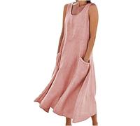 LUSHAasd Linen Dresses for Women UK 2024 Comfort Sundress Casual Sleeveless Round Neck Maxi Dress with Pockets Spring Summer Cotton Linen Long Dresses Oversized Hawaiian Beach Dress Outfits