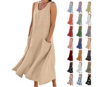 LUSHAasd Linen Dresses for Women UK 2024 Comfort Sundress Casual Sleeveless Round Neck Maxi Dress with Pockets Spring Summer Cotton Linen Long Dresses Oversized Hawaiian Beach Dress Outfits