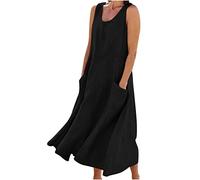 LUSHAasd Linen Dresses for Women UK 2024 Comfort Sundress Casual Sleeveless Round Neck Maxi Dress with Pockets Spring Summer Cotton Linen Long Dresses Oversized Hawaiian Beach Dress Outfits