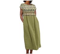 LUSHAasd Midi Dress for Women UK Summer Kaftan Dresses Cap-Sleeve Cotton Linen Dress Loose Fit Mid Dress Hide Belly Oversized Beach Sun Dress with Pockets