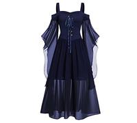 LUSHAasd Renaissance Dresses Women Cold Shoulder Gothic Butterfly Sleeve Medieval Halloween Costume Victorian Dress