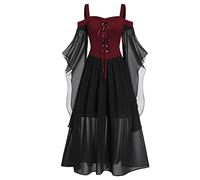 LUSHAasd Renaissance Dresses Women Cold Shoulder Gothic Butterfly Sleeve Medieval Halloween Costume Victorian Dress