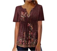 LUSHAasd Shirts to Hide Belly Women V Neck Quarter Button Up T-Shirts Empire Waist Summer Pleated A-Line Floral Tunic Tops