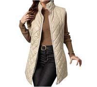 LUSHAasd Women's Gilets Long Quilted Gilet Sleeveless Zip Up Jackets Longline Thick Padded Waistcoat Puffer Outerwear Long Body-Warmer Coat