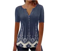 LUSHAasd Womens Summer Fashion 2023 Button Down V Neck Tops Empire Waist A-Line T-Shirt Hide Belly Shirt Pleated Tunic Tops