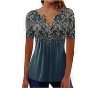 LUSHAasd Womens Summer Fashion 2023 Button Down V Neck Tops Empire Waist A-Line T-Shirt Hide Belly Shirt Pleated Tunic Tops