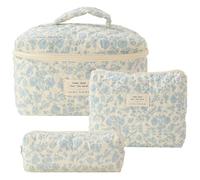 Lushandy 3 Pcs Quilted Floral Makeup Bag Set Cute Cosmetic Bag Coquette Aesthetic Makeup Bag Large Travel Makeup Organizer Toiletry Bag, 01-Blue Flower
