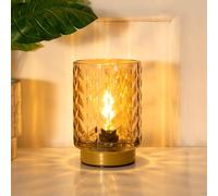 LUSHARBOR Aesthetic Battery Operated Lamp with Timer, Small Decorative Table Lamp, Glass Cordless Lamps Bedside Battery Powered Lamp for Living Room, Entryway Wave Design-Amber