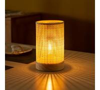 LUSHARBOR Battery Operated Lamp Boho Rattan Table Lamp with Timer, Battery Powered Lamp Bedside Cordless Accent Lamp for Livingroom/Entryway/Tabletop Decor Beige