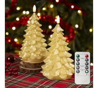 LUSHARBOR Flameless Candles with Remote Timer, 2 Pack Christmas Tree Candles Battery Operated LED Candles Real Wax Holiday Christmas Decoration for Bedroom Party Festival Gift Gold