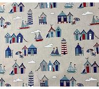 LushFabric Little Beach Huts Marine Print Fabric - Curtain Upholstery Material - 140cm Wide - Blue & Cream (2 Metres)