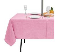 LUSHVIDA Outdoor Tablecloth with Umbrella Hole - Patio Table Cloth Zippered Rectangle 52x70 Inch, Pink Faux Linen Table Cover Water Resistant for Picnic Outside