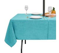 LUSHVIDA Outdoor Tablecloth with Umbrella Hole - Patio Table Cloth Zippered Rectangle 60x84 Inch, Teal Faux Linen Table Cover Water Resistant for Picnic Outside