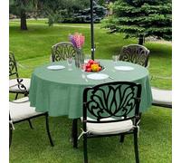 LUSHVIDA Outdoor Tablecloth with Umbrella Hole - Patio Table Cloth Zippered Round 60 Inch, Sage Green Faux Linen Table Cover Water Resistant for Picnic Outside