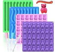 LUSHYUM Large Gummy Bear and Worm Mould Silicone, 4 PCS No Stick Chocolate Candy Gummy Molds for Edibles with 2 Droppers & Brush BPA-Free 100 Cavities, Gift for Kids Adult Halloween Party