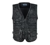 LUSI MADAM Men's Denim Multi-Pockets Leisure Work Fishing Outerwear Vest, Black, X-Large