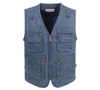 LUSI MADAM Men's Stone Washed Denim Multi-pocketed Fishing Waistcoats UK L/Asia 3XL Blue