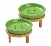 Lusifaco Shallow Elevated Cat Bowls,5.9 Inch Wide Raised Ceramic Cat Dishes with Bamboo Stand, Whisker Friendly Pet Water or Food Plates Feeding Station for Indoor Cats, Kitten(Green,Set of 2)