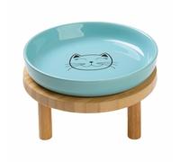 Lusifaco Shallow Elevated Cat Bowls,5.9 Inch Wide Raised Ceramic Cat Dishes with Bamboo Stand, Whisker Friendly Pet Water or Food Plates Feeding Station for Indoor Cats, Kitten(Blue,Set of 1)