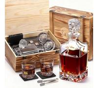 Luskeycor Lion Head 14-Piece Crystal Whiskey Decanter Set - 750ml Lead-Free Hand-Blown, 2 Glasses, 6 Stainless Stones, Coasters & Pine Gift Box - Engraving Ready for Him, Birthday Anniversary