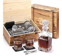 LUSKEYCOR Whiskey Decanter Set with Wooden Crate, Lion Whiskey Decanter 25.4 oz and 2 Glasses 10 oz with 304 Stainless Steel Whiskey Stones, Slate Coasters, Tongs, Gift for Men husband Dad Wedding