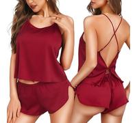 LUSLOVE Satin Women's Pyjama Sets - Sexy PJ Set 2 Piece V Neck Silk Nightwear Cami and Shorts Set Wine Red M
