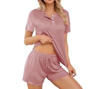 LUSLOVE Women's Pyjama Sets Loungewear - Pjs Short Sleeve Sleepwear Comfy Nightwear Wine Red M
