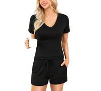 LUSLOVE Women's Pyjamas Set Pjs - V-Neck Loungewear Short Sleeve Soft Nightwear with Pockets Black XL