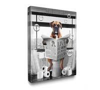 Luslya Funny Boxer Dog Bathroom Wall Art - Cute Dog Sitting in Toilet Reading Newspaper Painting - Black and White Framed Poster for Toilet Decoration 12x16 Inch