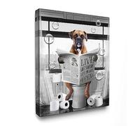 Luslya Funny Boxer Dog Bathroom Wall Art - Cute Dog Sitting in Toilet Reading Newspaper Painting - Black and White Framed Poster for Toilet Decoration 16x20 Inch
