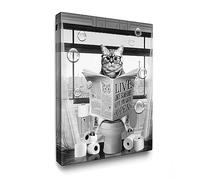 Luslya Funny Cat Bathroom Decor Canvas Wall Art Cute Cat Sitting in Toilet Reading Newspaper Painting Black and White Bathroom Wall Decor Framed Posters for Bathroom Toilet Decoration 12x16 inch
