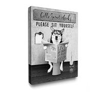 Luslya Funny Husky Sitting in Toilet Wall Art Husky Dog Reading Newspaper Painting Wall Decor Framed Farmhouse Dog Posters Home for Bathroom Toilet Decoration 12x16 inch