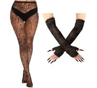 Lusofie 1 Set Halloween Spiderweb Fishnet Tights and Lace Spider Web Arm Warmer for Women Long Fingerless Gloves with Thigh High Socks Halloween Witch Costume Accessories