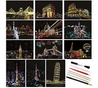 Lusofie 12Pcs Scratch Art Painting, Rainbow Scratch Paper, City Series Night View Scratch Art with 6 Scratching Tools Kit for Adults and Kids DIY(7.8 X 5.5 Inches)