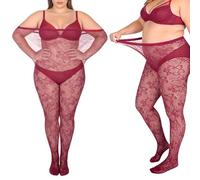 Lusofie 2pcs Plus Size Lace Tights Floral Pattern - High Waist Plus Size Stockings for Women - Comfortably Up to 230 lbs(Multicolor,Red)