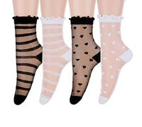 Lusofie 4Pairs See Through Ankle Socks, Ultra Thin Sheer Socks, Cute Heart Striped Summer Transparent Sock for Women Girls