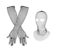 Lusofie Crystal Face Mesh Mask with Rhinestone Gloves Sparkly Fishnets Long Gloves Rhinestone Glitter Breathable Headwear for Party Wedding Halloween Costume Body Chain Cosplay Drama Queen